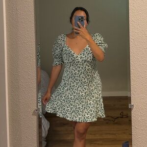 Madewell Green Floral Puff-Sleeve Mini Dress